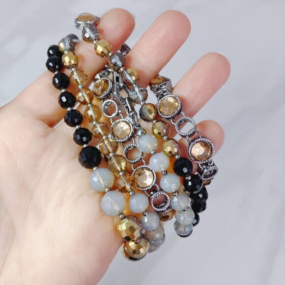 Glass Bead Long Necklace 37" Silver Tone Champagne Crystals - Picture 3 of 11